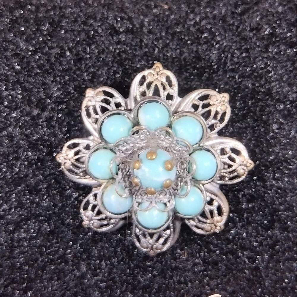 Filigree Faux Turquoise Brooch silver tone setting vintage